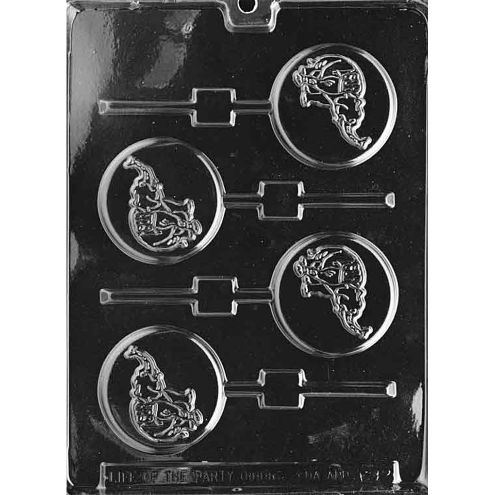 Clear plastic chocolate lollipop mold photographed on a dark background with four round disc cavities, each featuring a raised elephant emblem in the center and a built-in stick channel.