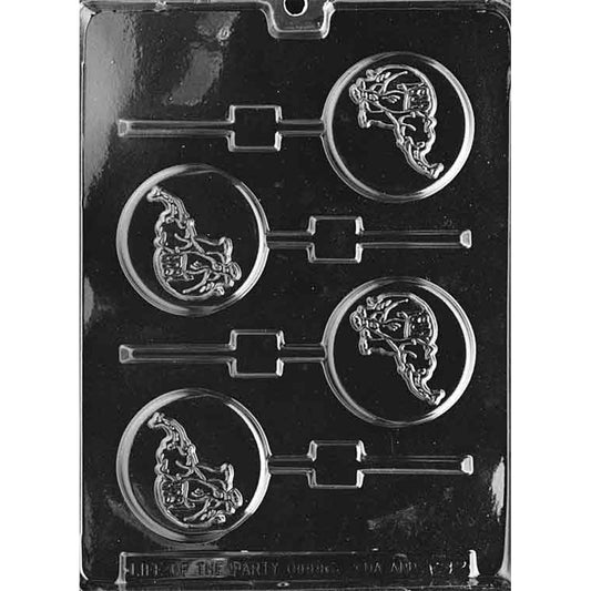 Clear plastic chocolate lollipop mold photographed on a dark background with four round disc cavities, each featuring a raised elephant emblem in the center and a built-in stick channel.