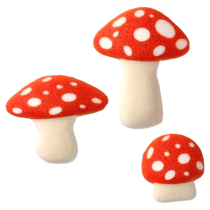 Three pressed sugar mushroom decorations with red caps covered in white polka dots and white stems, shown in assorted sizes on a white background.