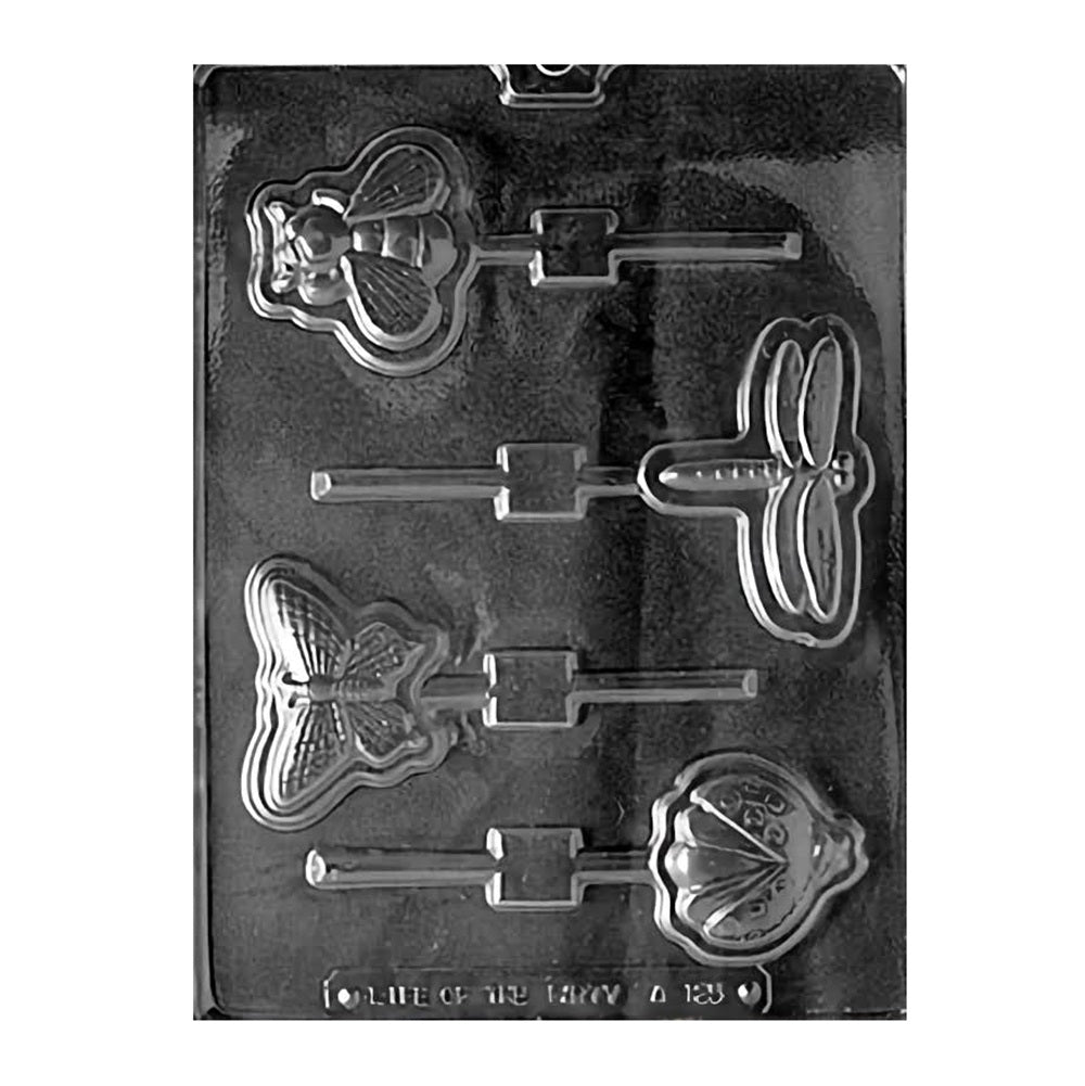 This chocolate mold features a variety of garden bug shapes designed for making lollipop chocolates. The mold includes multiple cavities shaped like butterflies, bees, and ladybugs, each with a stick insert for the lollipop handle.