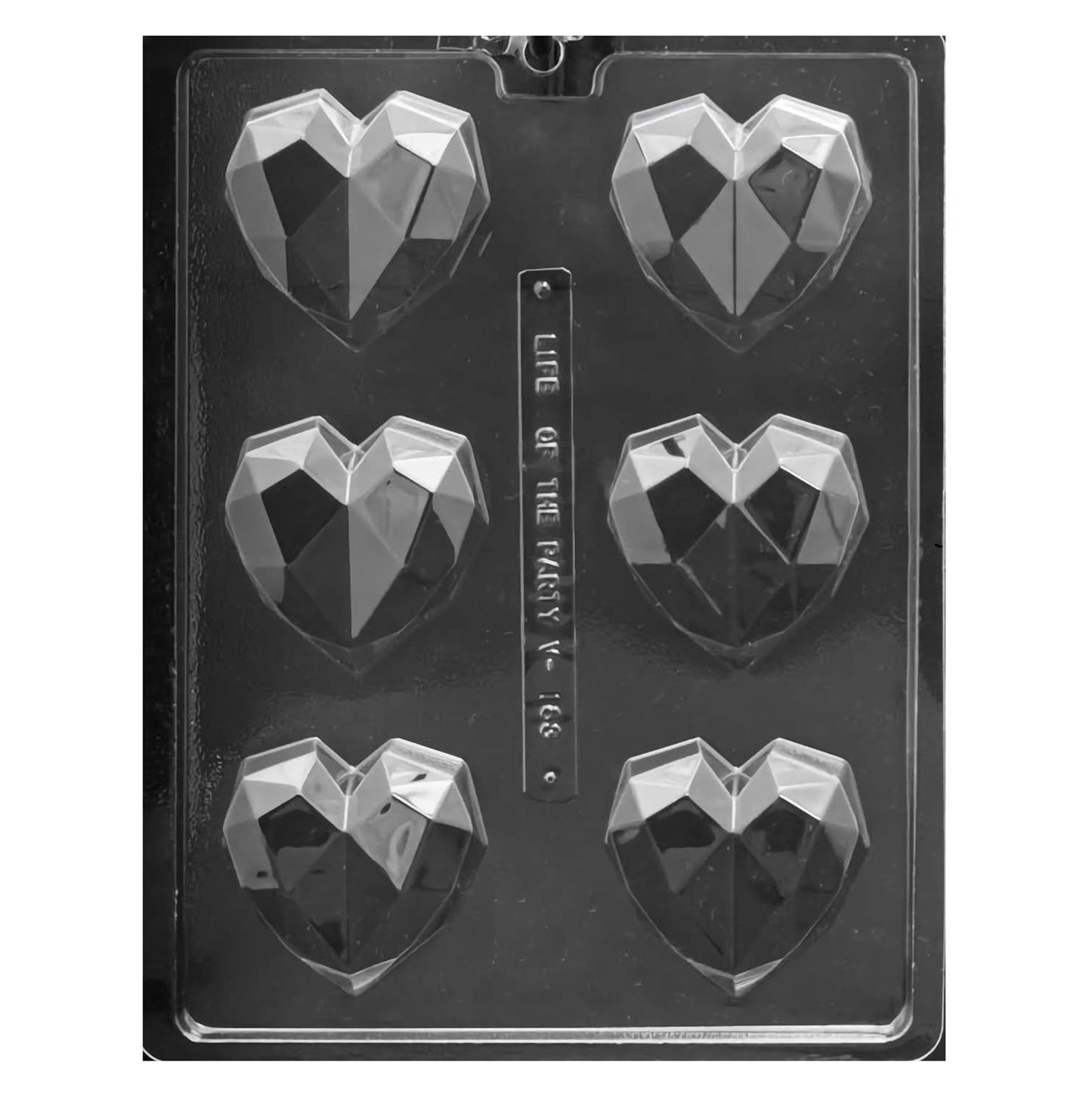 Chocolate mold with six cavities, each shaped like a geometric heart with faceted surfaces, designed for creating dimensional heart-shaped chocolates with a modern twist.