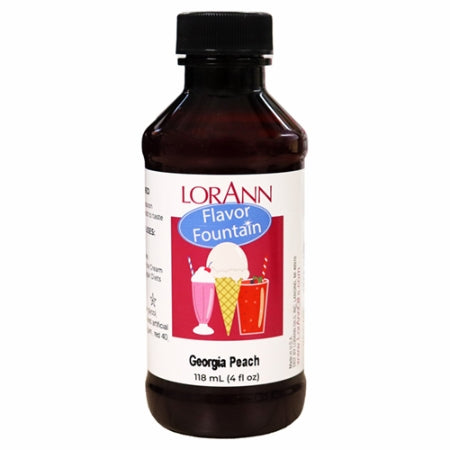 LorAnn Georgia Peach Flavor Fountain bottle with illustrated label showing milkshakes and ice cream, used to flavor frozen desserts and beverages