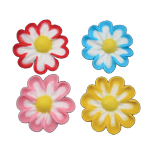 Assorted royal icing gerbera daisy decorations in red, blue, pink, and yellow, each 1.5 inches wide, perfect for topping cakes and cupcakes.