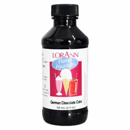 LorAnn German Chocolate Cake Flavor Fountain bottle with illustrated label of ice cream and shakes, used to flavor frozen desserts with chocolate, coconut, and pecan notes
