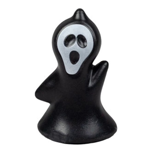 Black 2-inch ghost face cupcake layon with a flowing robe shape, pale gray face, dark hollow eyes, and open mouth against a white background.