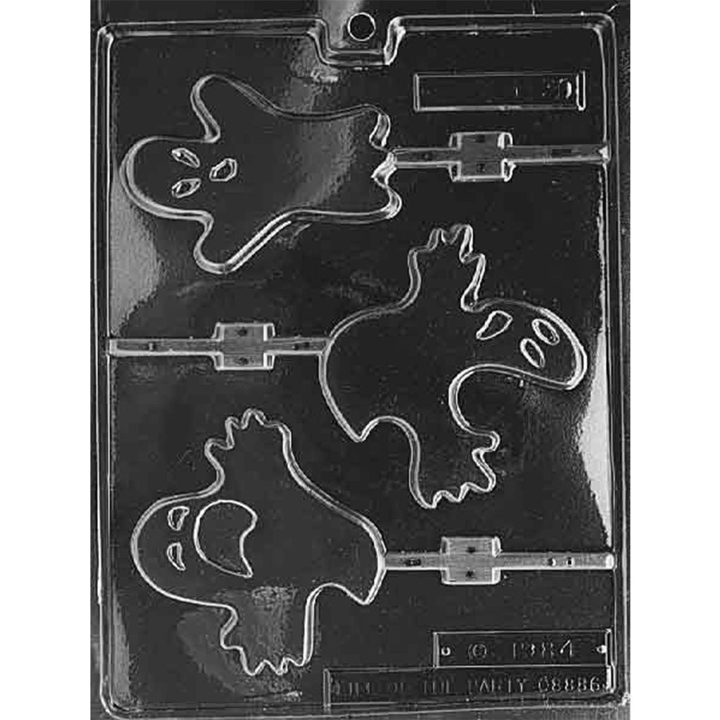 Three-cavity chocolate lollipop mold with assorted 3 3/4-inch ghosts in flying, reaching, and surprised poses, each connected to a stick channel.