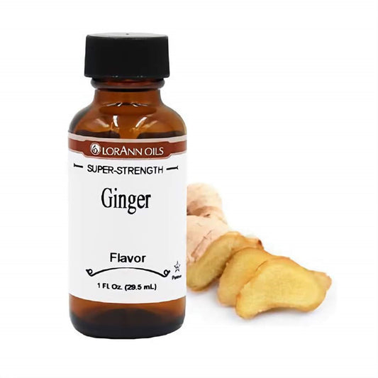 LorAnn Oils Super Strength Ginger Flavor in a 1 fl oz bottle, alongside fresh ginger root slices, depicting the zesty and warm spice flavor.