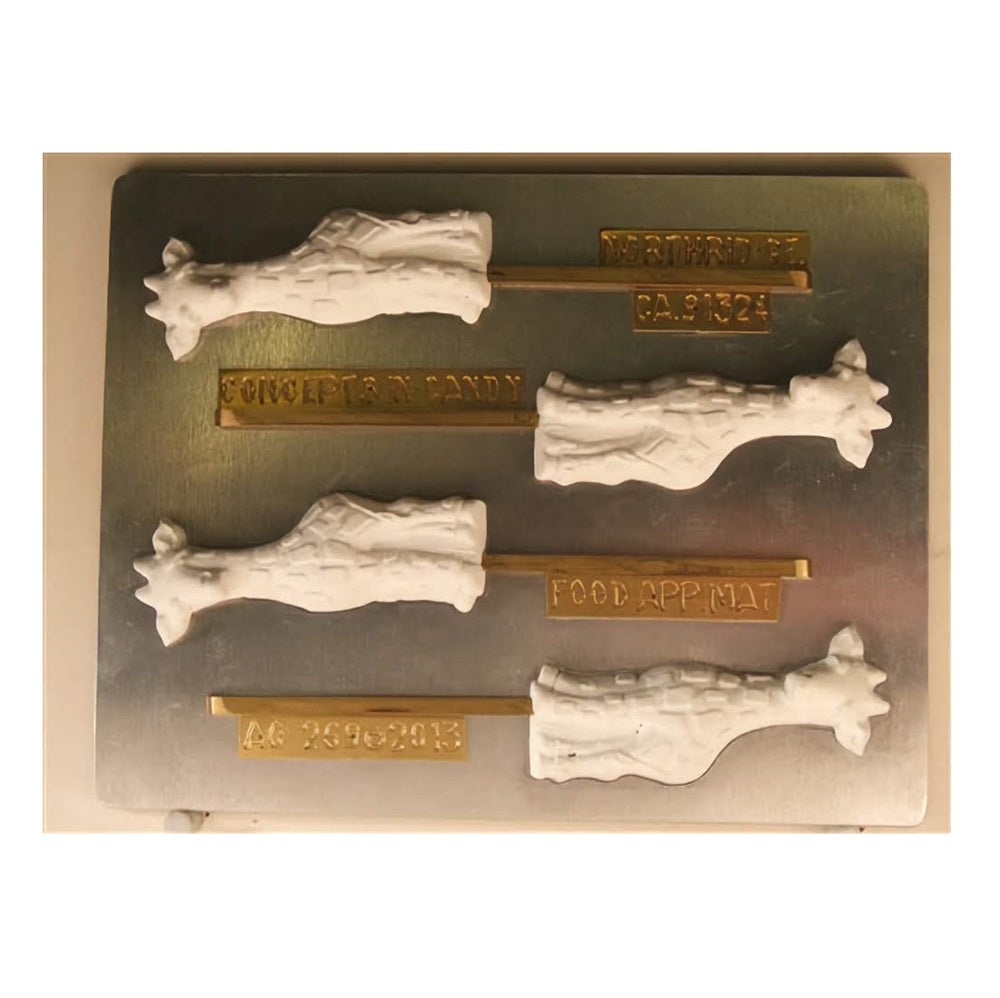 Chocolate mold featuring six giraffe-shaped cavities with detailed faces and spots. Each giraffe has a stick slot for creating lollipops.