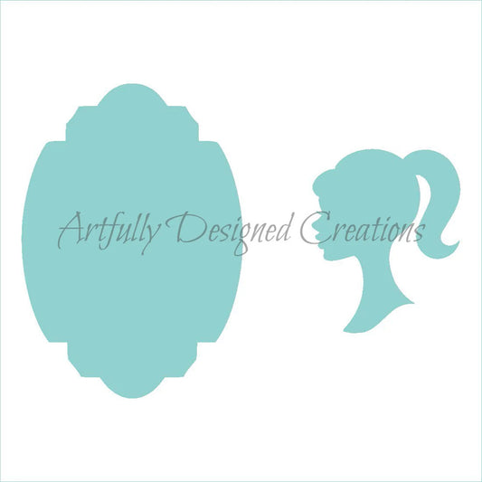 Cookie stencil showing two teal open designs on a white background: an ornate cameo-style frame and a girl’s side-profile silhouette with a ponytail.