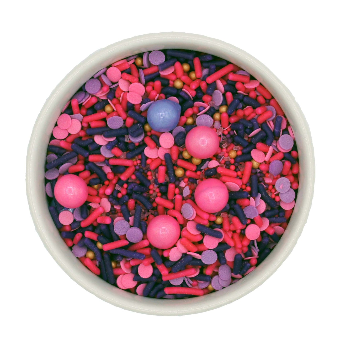 A vibrant sprinkle mix featuring hot pink, purple, and gold jimmies, sugar pearls, and confetti quins, perfect for adding a bold, fun touch to desserts.