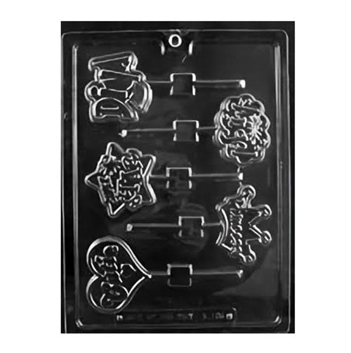 The image shows a chocolate mold for making girly-themed lollipop chocolates. The mold has four cavities, each designed with playful and feminine shapes