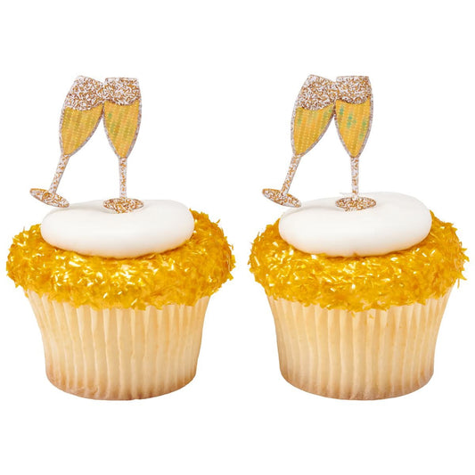 Set of 12 toasting glasses cupcake toppers with golden glitter detailing, perfect for adding sparkle to wedding cupcakes, engagement celebrations, and anniversary parties.