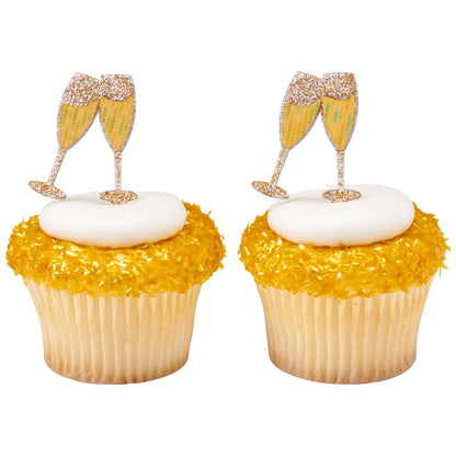 Set of 12 toasting glasses cupcake toppers with golden glitter detailing, perfect for adding sparkle to wedding cupcakes, engagement celebrations, and anniversary parties.