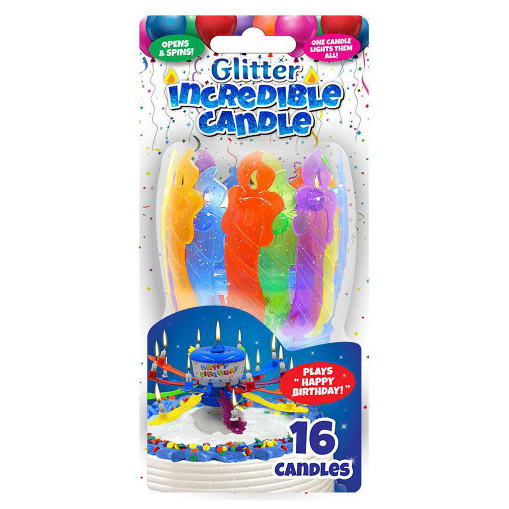 Retail package of The Incredible Candle – Glitter showing colorful fold-out birthday candle with glitter finish and text indicating 16 candles and “plays Happy Birthday.”