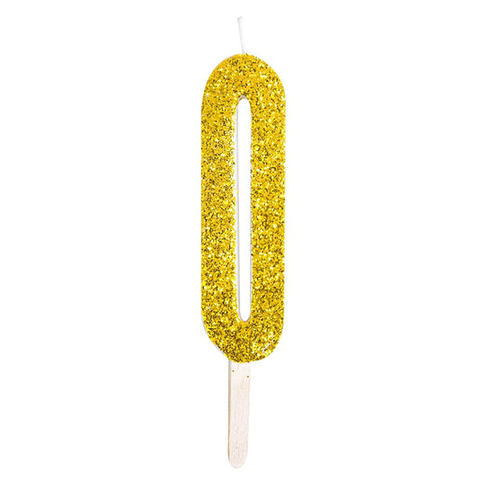 Gold glitter number candle 0 adds sparkle to cakes. Mix and match for birthdays, anniversaries, and milestone moments with a glam finish.