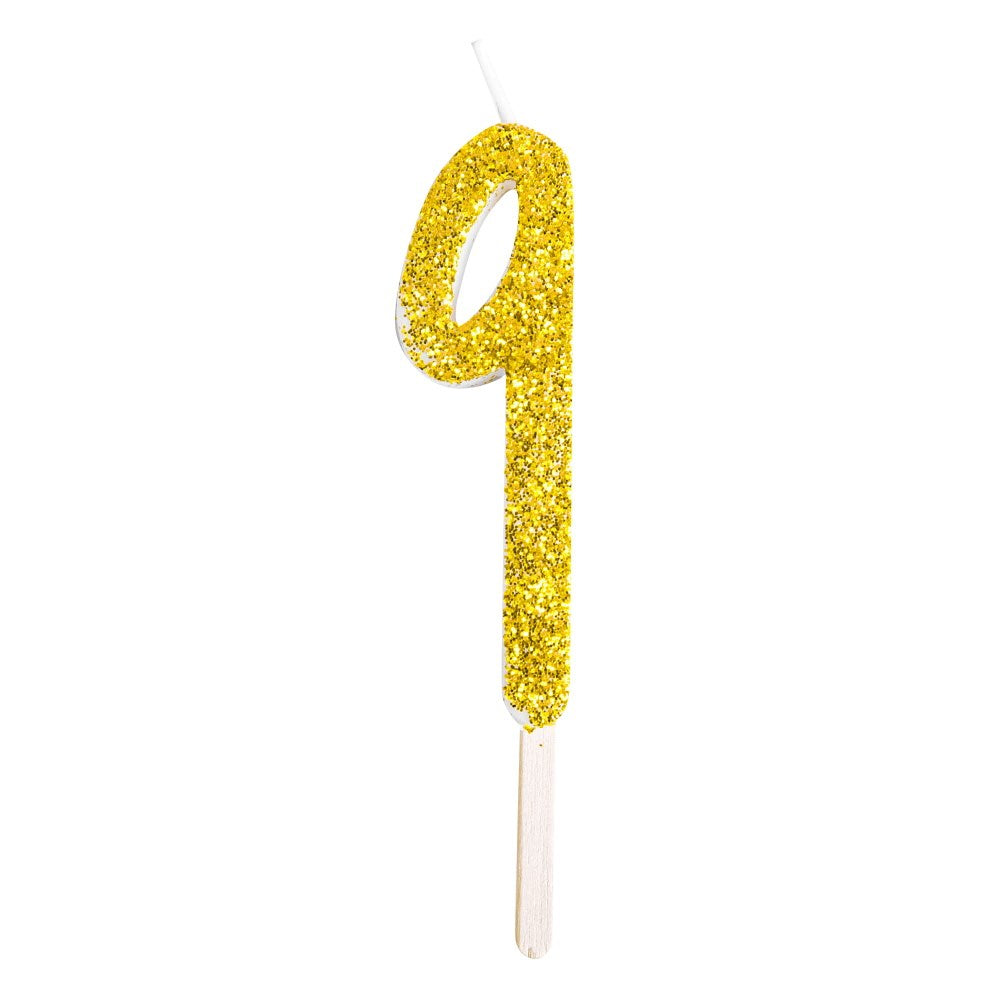 Gold glitter number candle 9 adds sparkle to cakes. Mix and match for birthdays, anniversaries, and milestone moments with a glam finish.