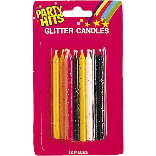 Set of 12 vibrant glitter birthday candles in assorted colors, perfect for cakes, cupcakes, and party decorations.