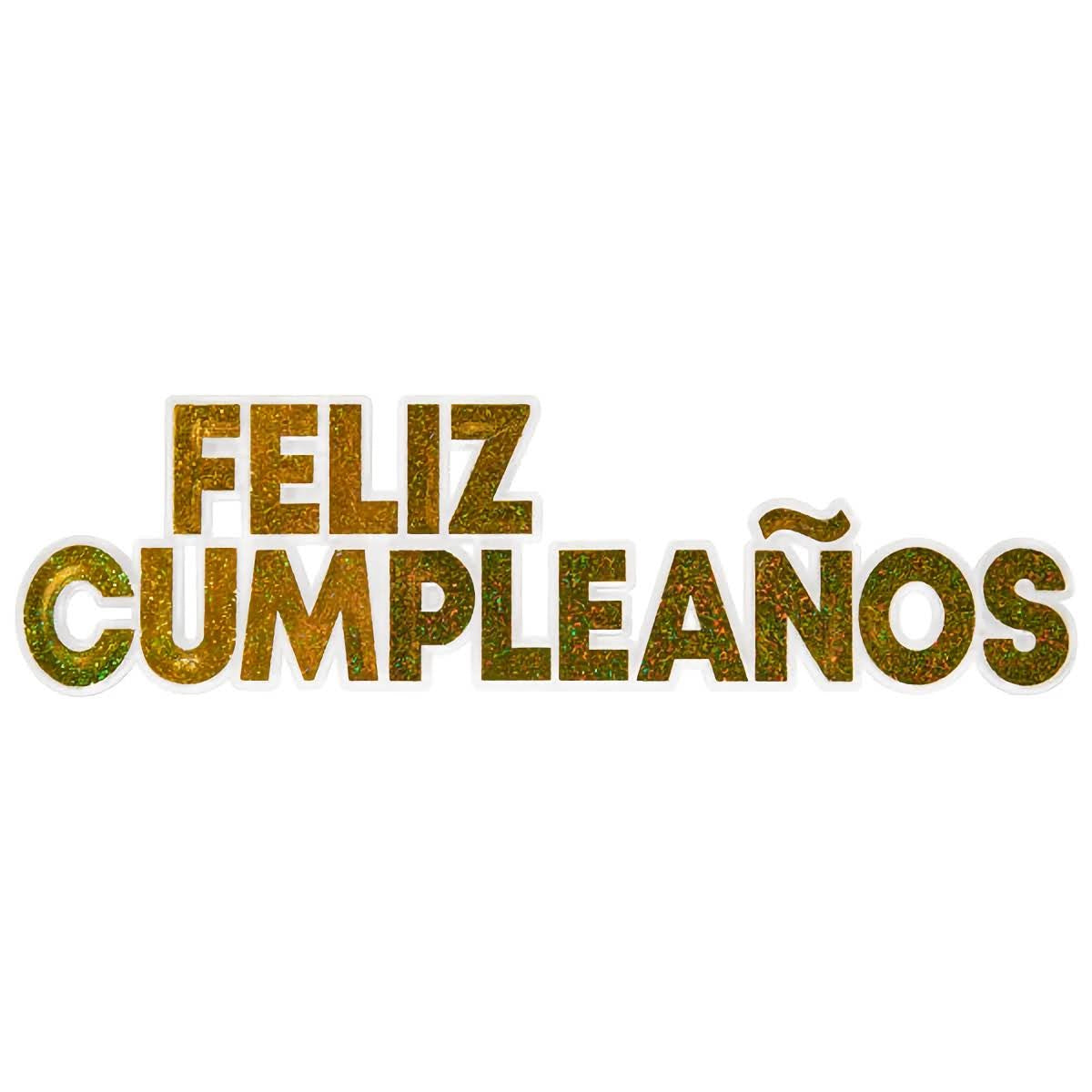 "Glittery gold 'Feliz Cumpleaños' cake topper with a sparkling finish, adding a festive and luxurious touch to any birthday cake, perfect for Spanish-speaking celebrations."