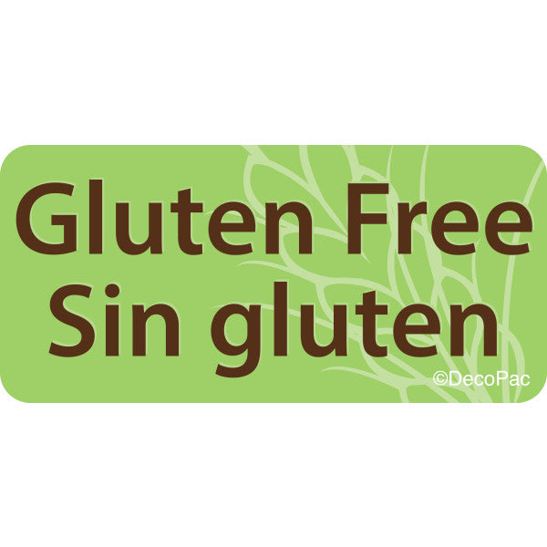 Gluten Free label with bold bilingual English and Spanish text on a green background with subtle wheat graphic, perfect for bakery and food displays.