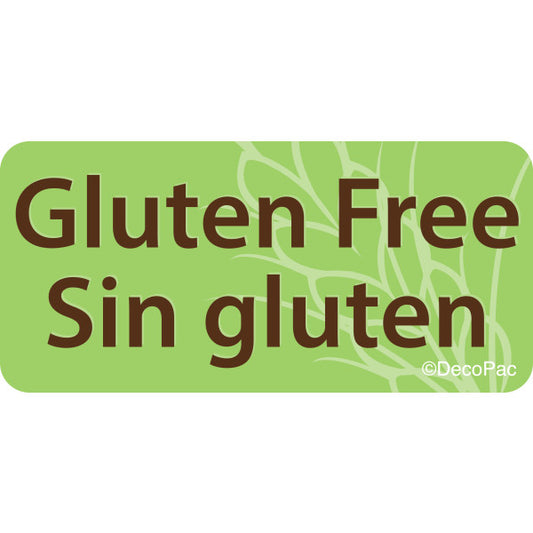 Gluten Free label with bold bilingual English and Spanish text on a green background with subtle wheat graphic, perfect for bakery and food displays.