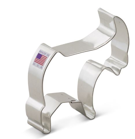 Stainless steel goat-shaped cookie cutter with a "Made in USA" label, showing its sturdy and detailed design.