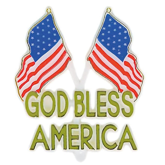 Patriotic 'God Bless America' cake topper flags, with a pair of waving American flags and lettering, adding a spirited touch to cakes for welcome home parties for service members or national holiday gatherings.