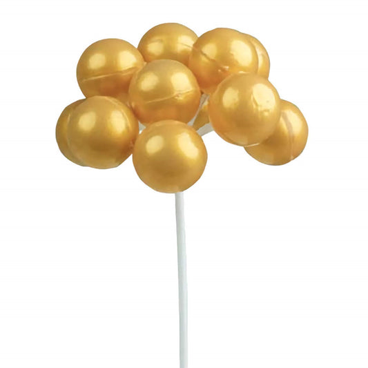 Cluster of 12 shiny gold plastic balloons on a 7-inch white pick, designed as a decorative cake or cupcake topper for celebratory bakes.