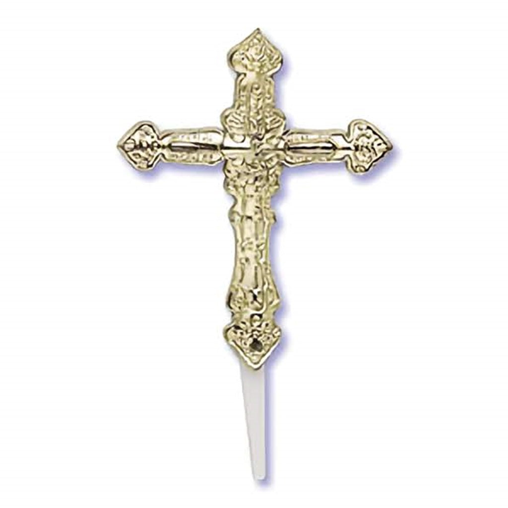 Ornate plastic gold cross cupcake pick with detailed design, ideal for religious cake decorations