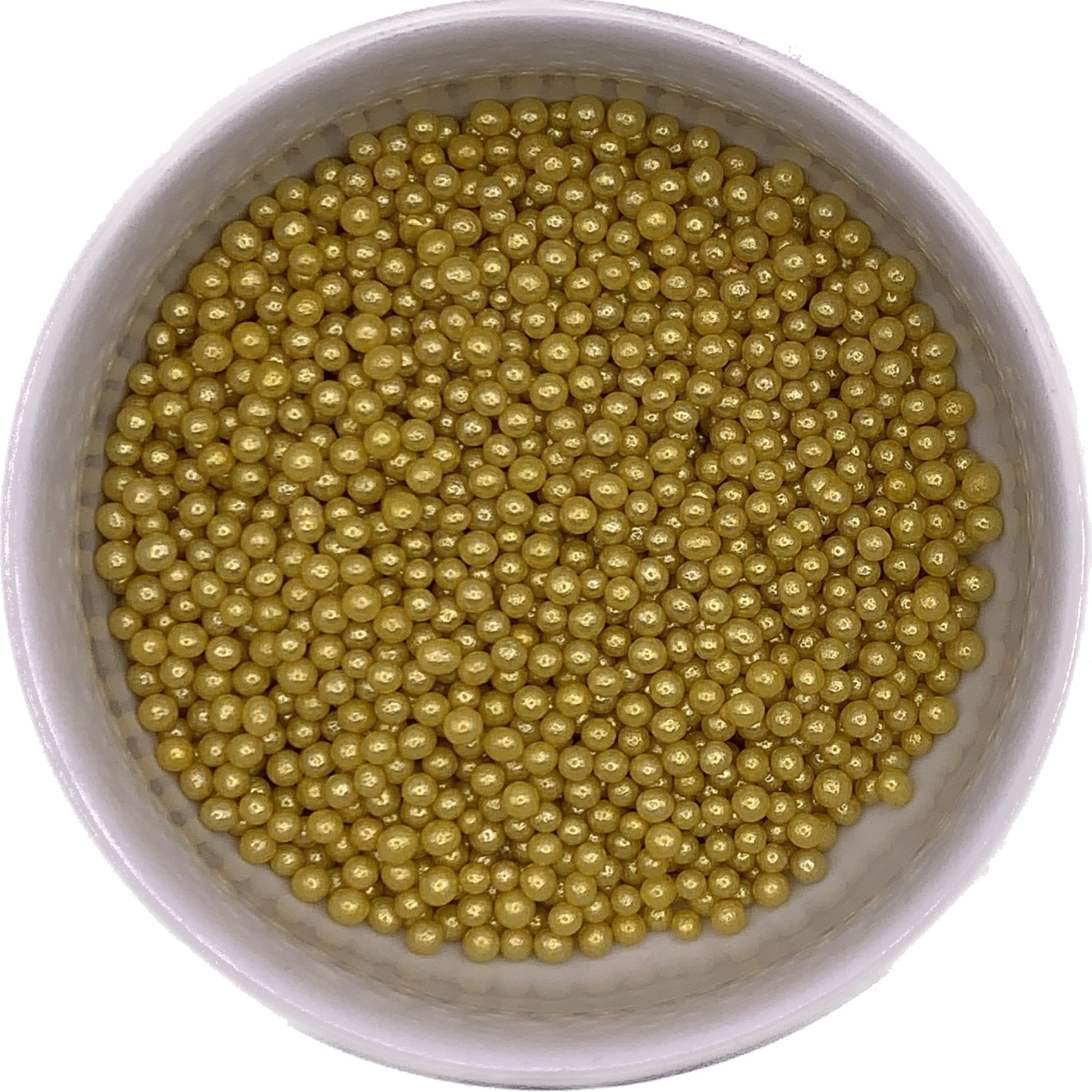 Overhead view of 4mm gold dragees in a white container, used as non-edible decorative accents for cakes and confections.
