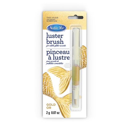 Satin Ice Gold Edible Luster Dust Brush in retail packaging with a clear brush tube, gold luster powder, and gold mermaid tail artwork on the label.