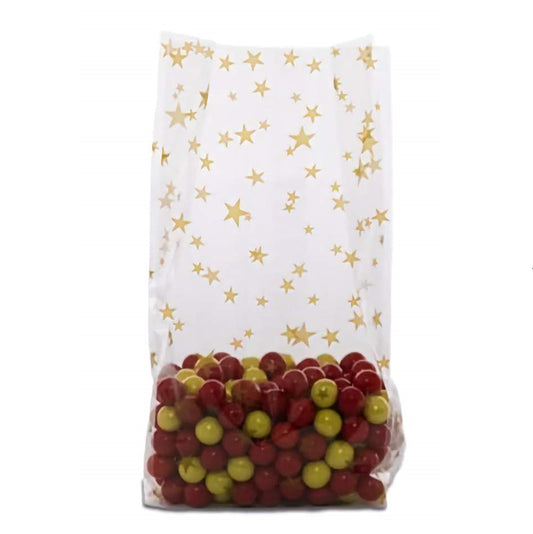 Clear gusseted cello bag with metallic gold star pattern, filled with red and green candy, ideal for holiday packaging, weddings, or party favors.