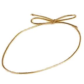 Metallic gold 18-inch stretch loop tied in a bow, used for securing candy box lids or adding decorative flair to gift packaging.