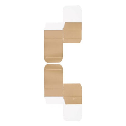 Flat die-cut layout of the same gold one-piece favor box, white interior and gold exterior panels, showing fold lines and tuck flaps.