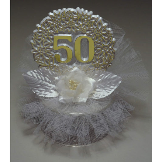 Gold 50th-anniversary plaque mini cake topper, a sophisticated addition to any golden anniversary celebration, with intricate lacework and a classic floral accent.