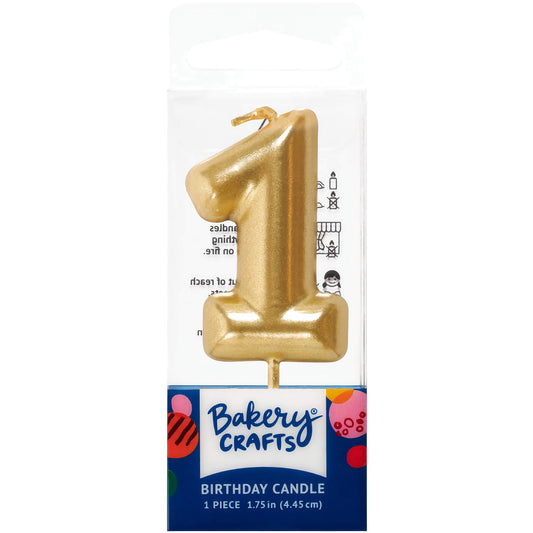 Gold number 1 birthday candle by Bakery Crafts, 1.75 inches tall, ideal for first birthdays and anniversaries.