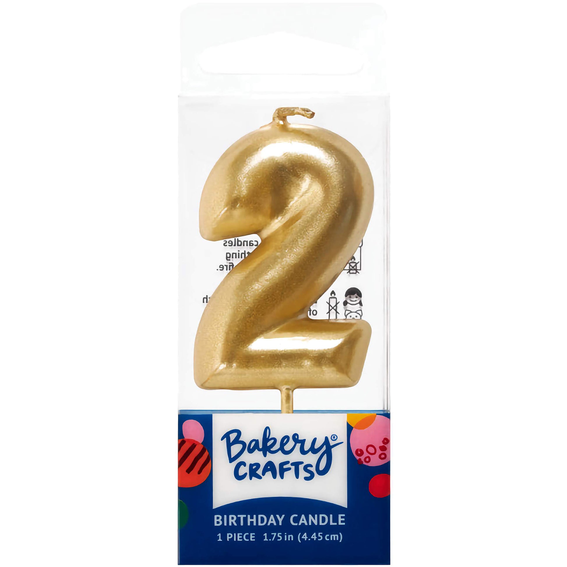 Gold number 2 birthday candle by Bakery Crafts, 1.75 inches tall, suitable for second birthdays and other celebrations.