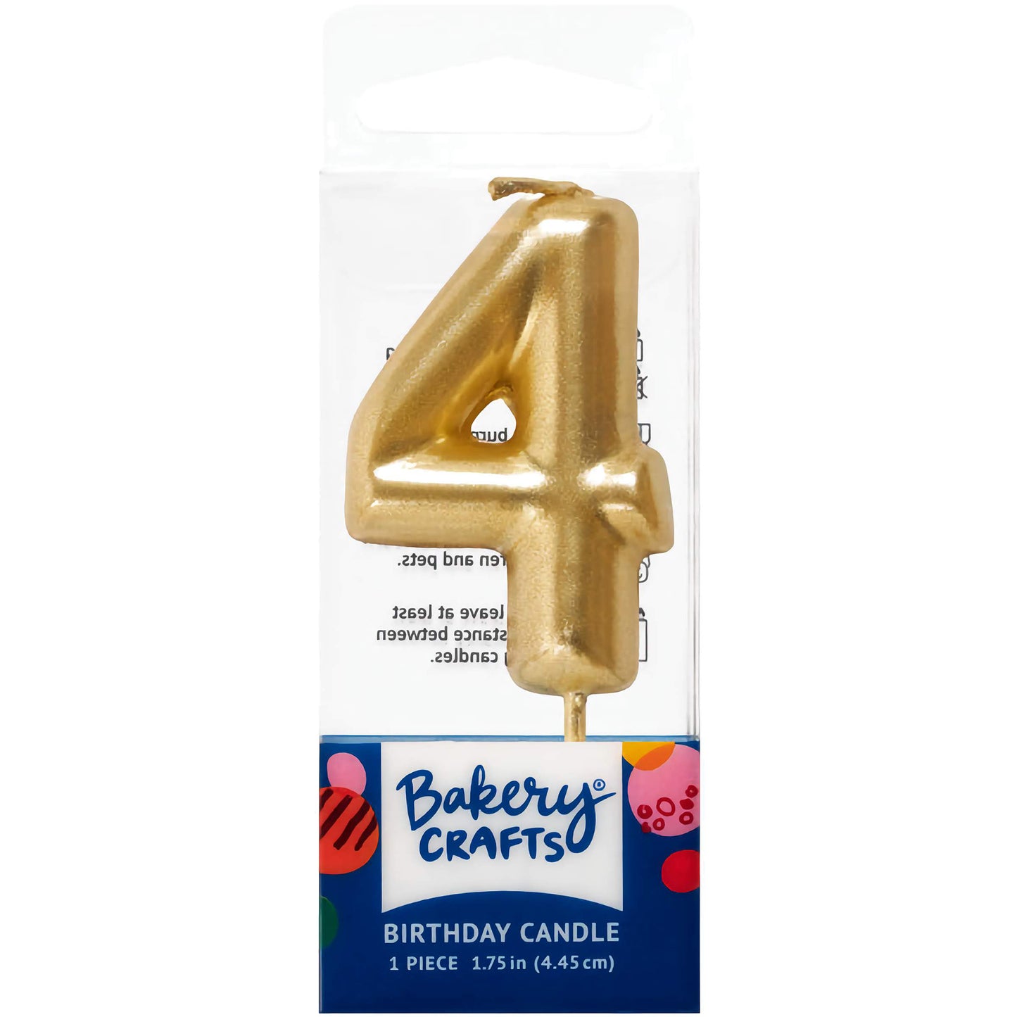 Gold number 4 birthday candle by Bakery Crafts, 1.75 inches tall, perfect for fourth birthdays and milestone celebrations.