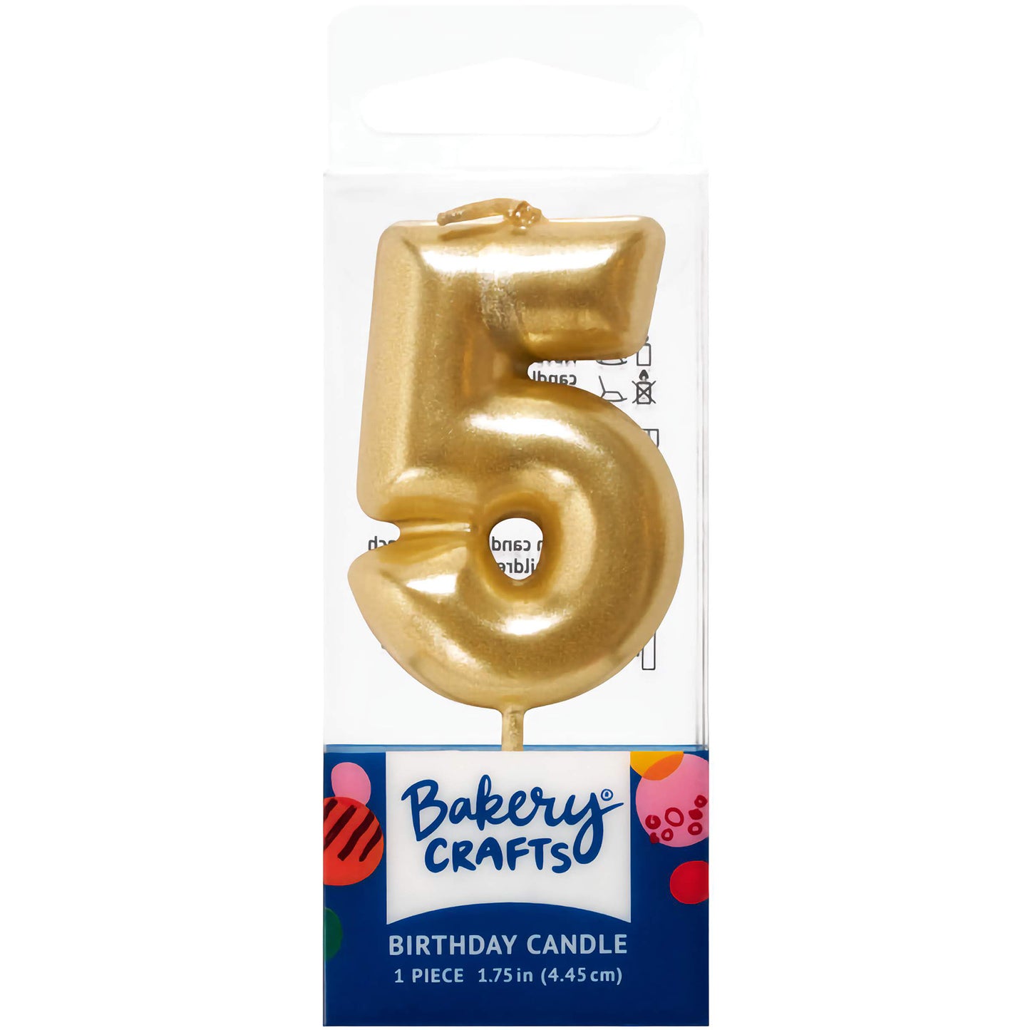 Gold number 5 birthday candle by Bakery Crafts, 1.75 inches tall, perfect for fifth birthdays and anniversaries.