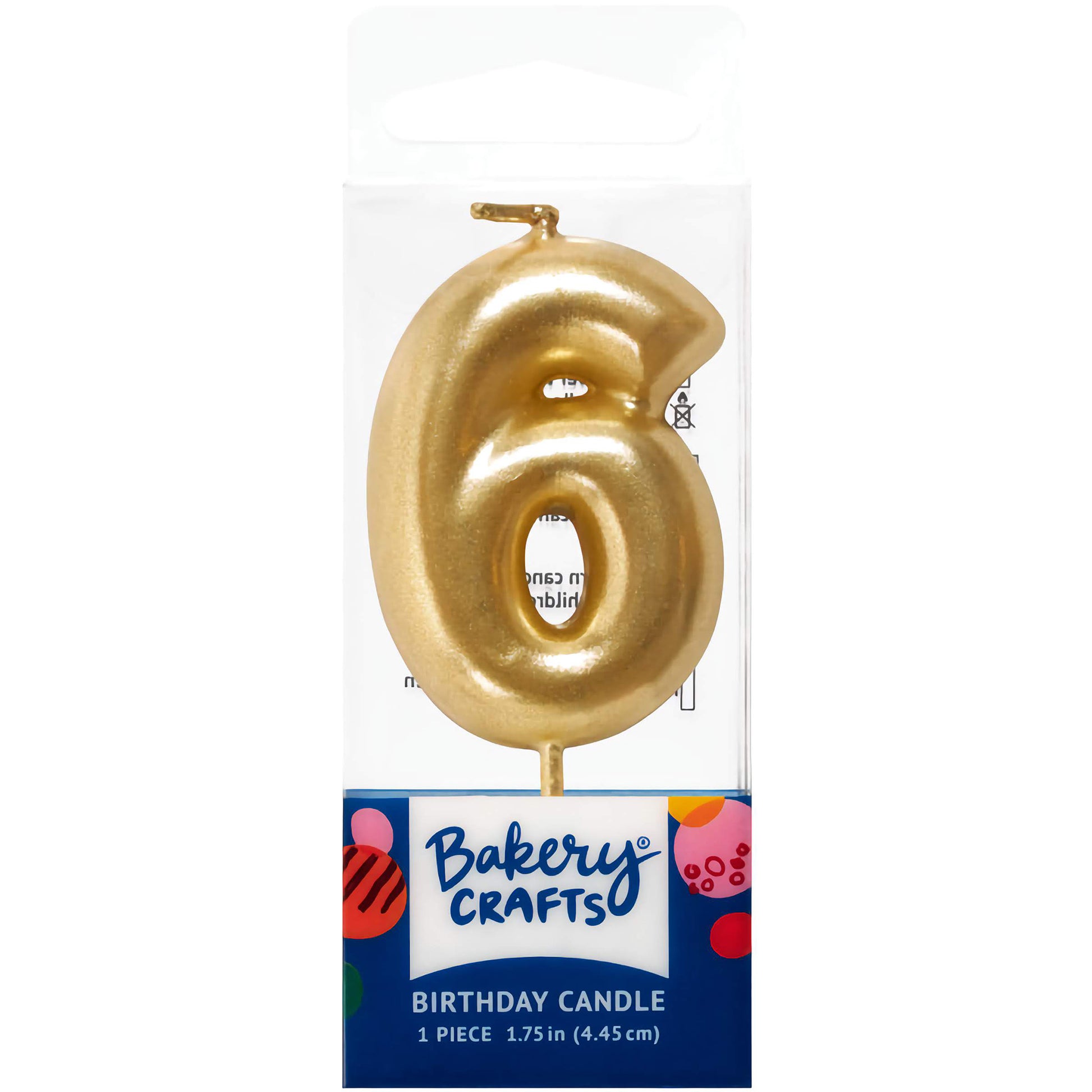 Gold number 6 birthday candle by Bakery Crafts, 1.75 inches tall, suitable for sixth birthdays and celebrations.