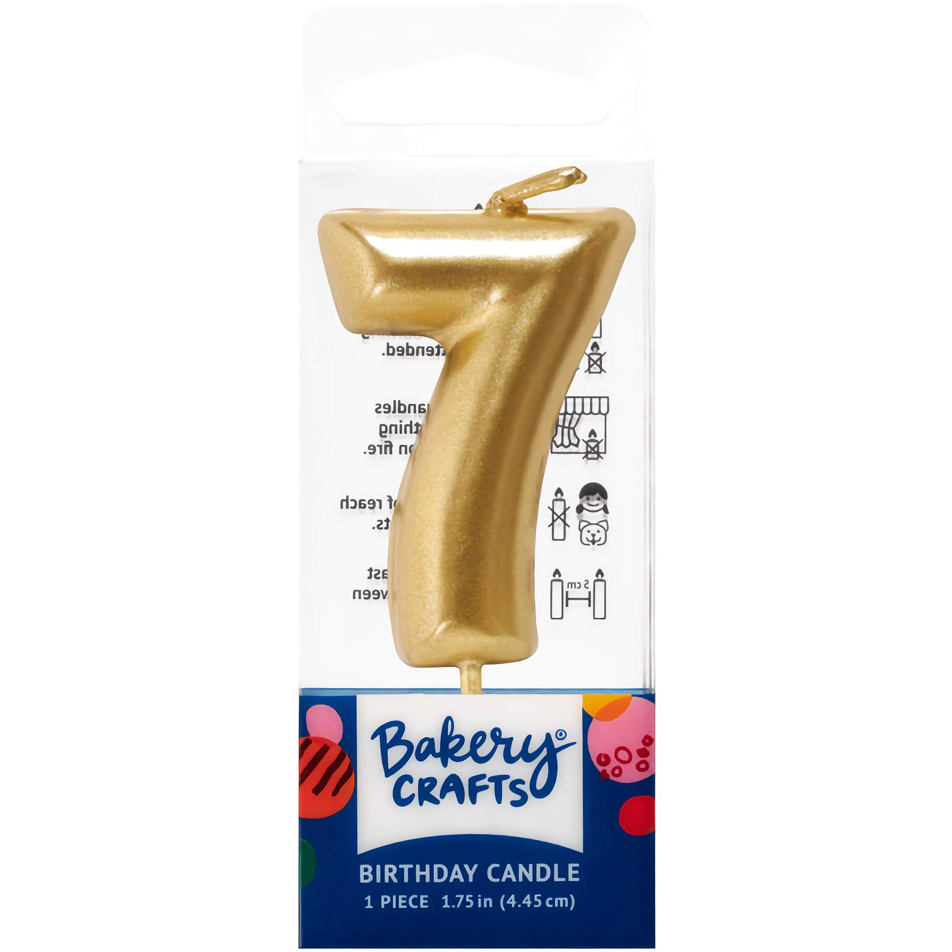 Gold number 7 birthday candle by Bakery Crafts, 1.75 inches tall, great for seventh birthdays and milestone events.