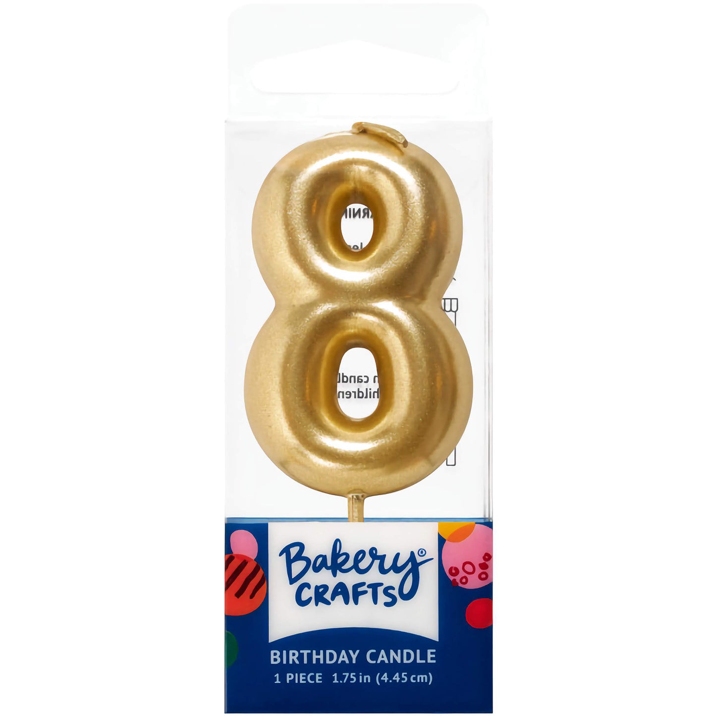 Gold number 8 birthday candle by Bakery Crafts, 1.75 inches tall, perfect for eighth birthdays and special occasions.