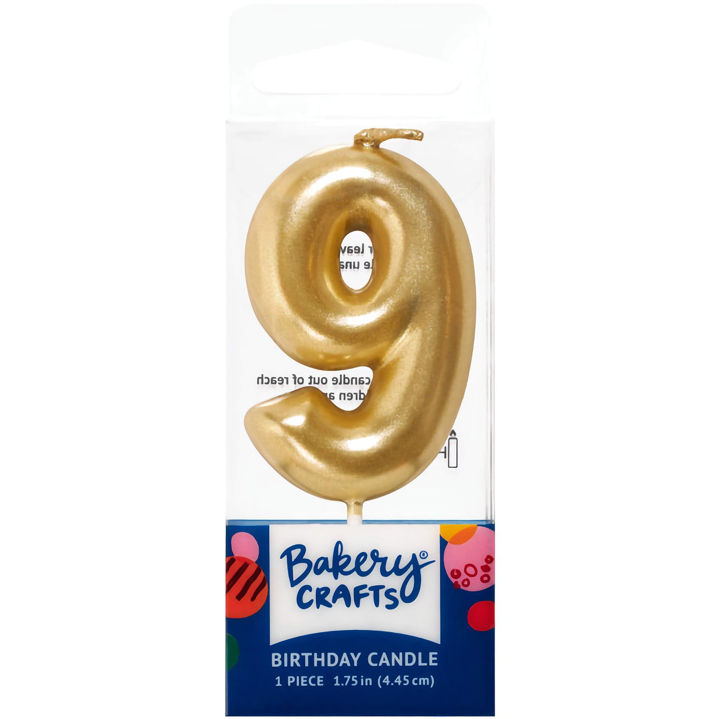 Gold number 9 birthday candle by Bakery Crafts, 1.75 inches tall, ideal for ninth birthdays and celebrations.