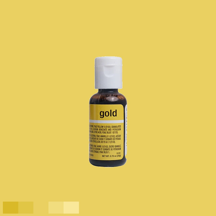 The image features a bottle filled with golden-yellow coloring, with the word "gold" prominently displayed on the label in black letters. The white cap contrasts the vibrant color of the gel, and the label details are in black text.