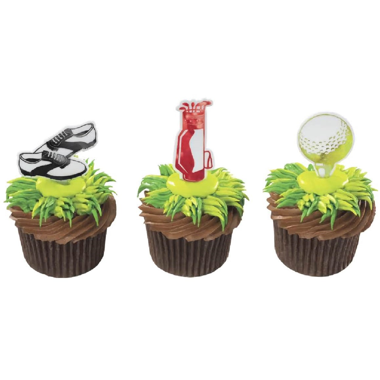 Golf assortment cupcake picks, twelve-pack, with detailed golf bags, shoes, and balls, suitable for adding a sporty touch to cupcakes and treats.