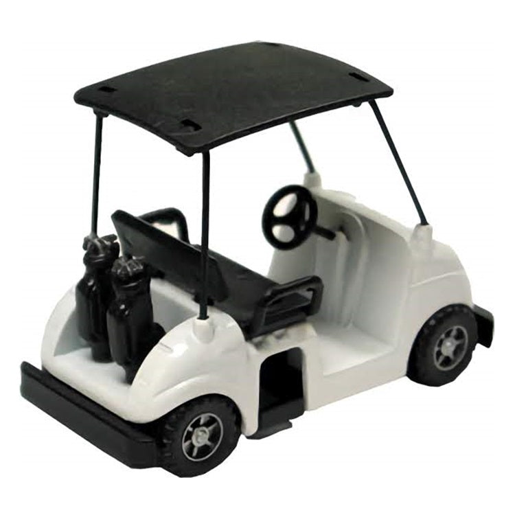 Golf cart die-cast cake topper, showcasing a white golf cart with black detailing, suitable for golf-themed cakes and retirement party decorations.