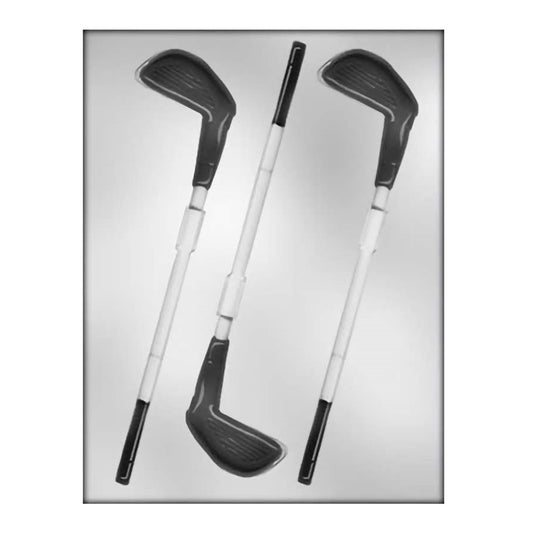 A trio of detailed golf club chocolate molds, designed to craft lollipop treats that resemble a driver, iron, and putter with realistic grip and head details, ideal for golf-related celebrations or as gifts for golfing aficionados.