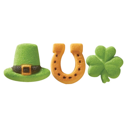 St. Patrick’s Day sugar decorations featuring a green leprechaun hat, golden horseshoe, and shamrock, perfect for cupcakes and cakes.