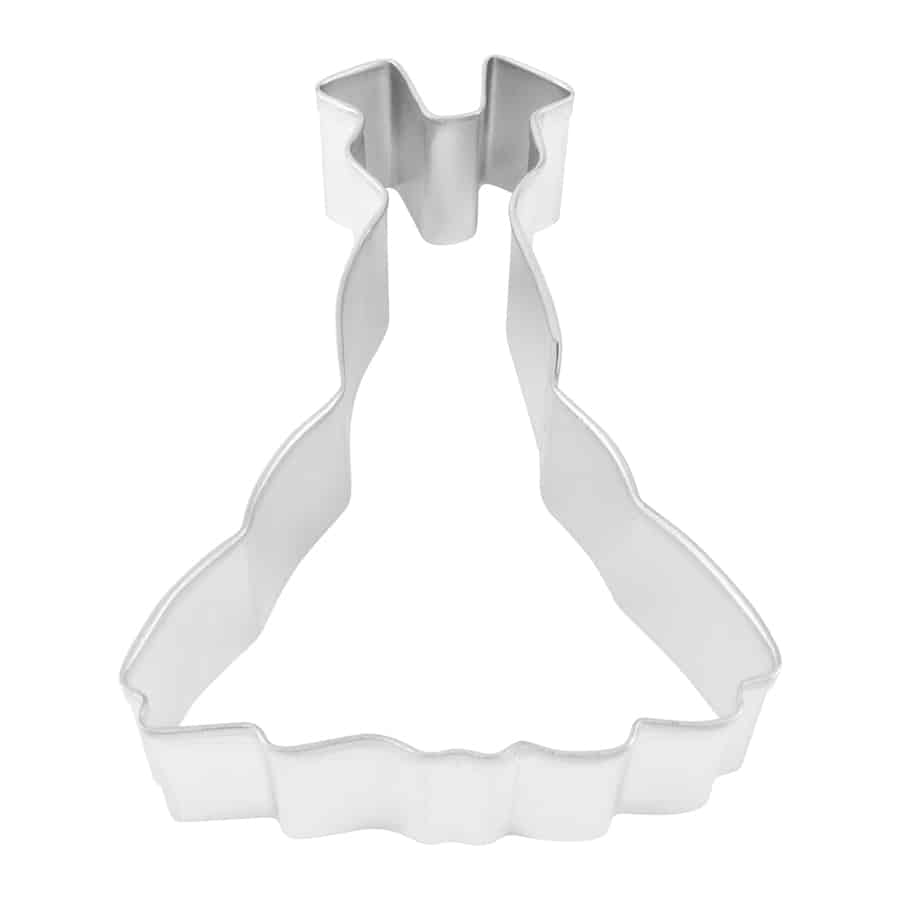 Metal gown cookie cutter with a flared skirt and fitted bodice, front view.