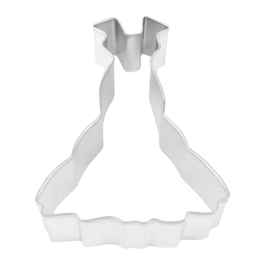 Metal gown cookie cutter with a flared skirt and fitted bodice, front view.