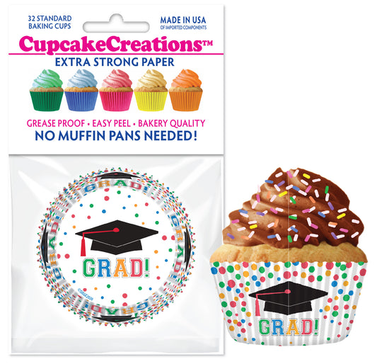 Pack of 32 graduation cupcake baking cups with colorful polka dot design, graduation cap graphic, and GRAD! text, shown with chocolate-frosted cupcake topped with rainbow sprinkles.